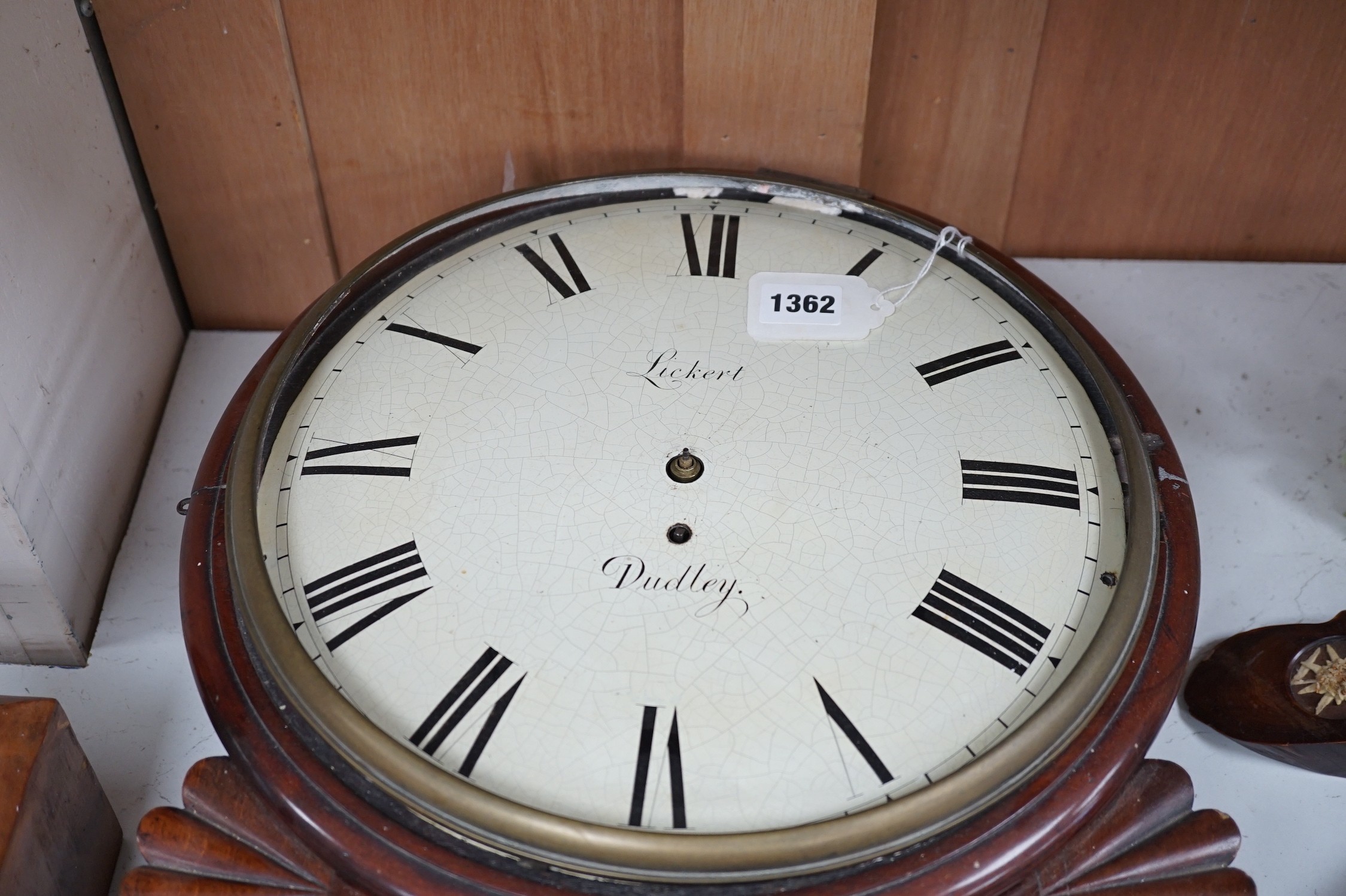 An early 19th century mahogany drop-dial wall clock, single fusee movement, signed Lickert, Dudley (P), length 52cm